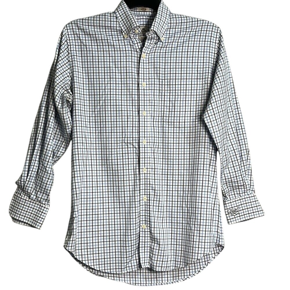 Peter Millar Nanoluxe Long Sleeve Button Up Shirt Mens Size Med Plaid White Blue